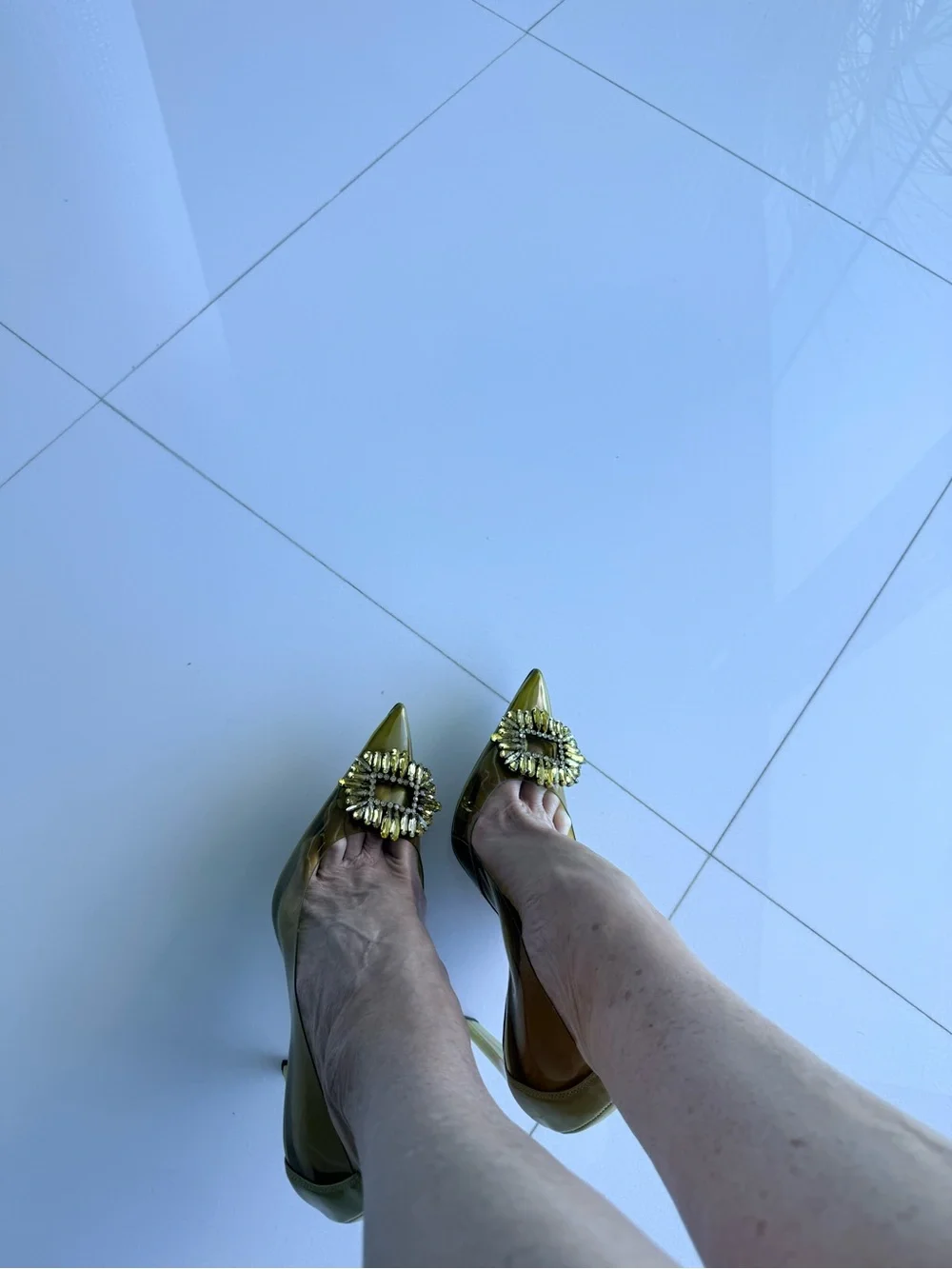 Good American Olive Pointed Toe Crystal-Buckle Pump